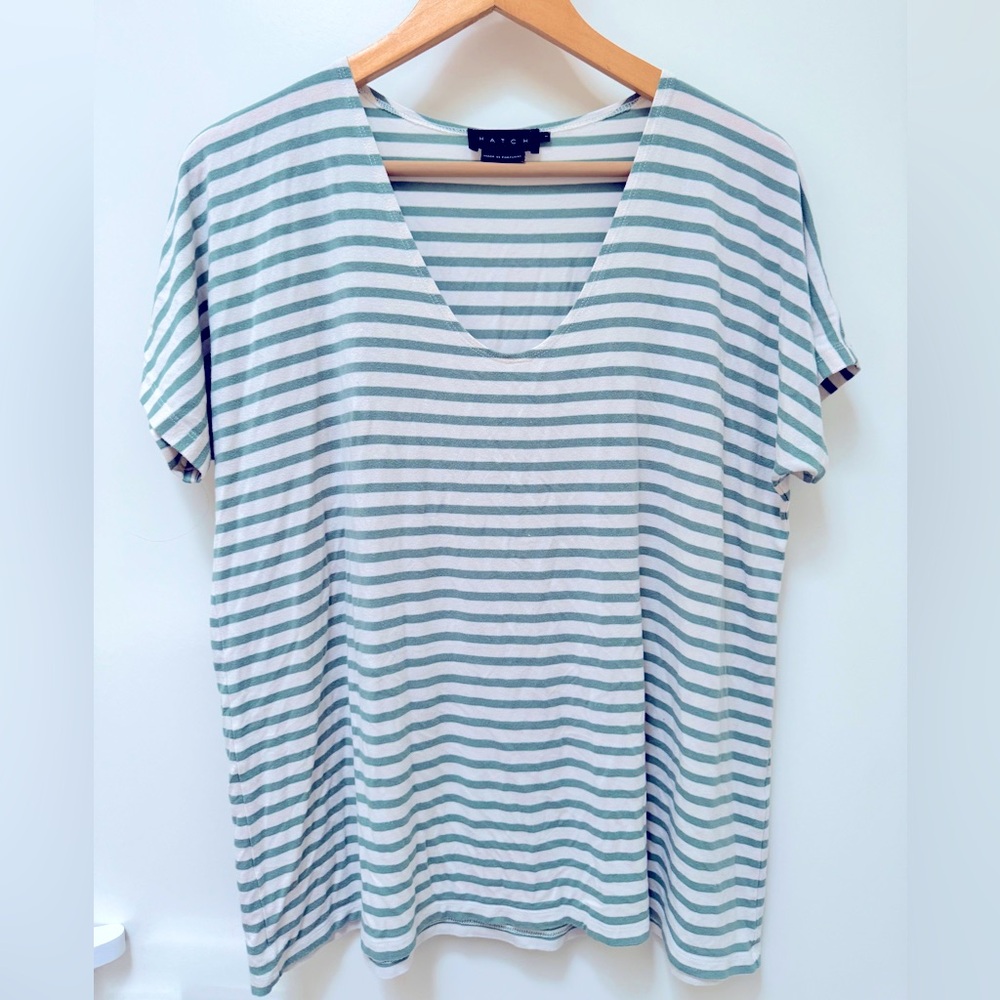 Hatch The Perfect Vee Tee in white/sage stripes, maternity and nursing